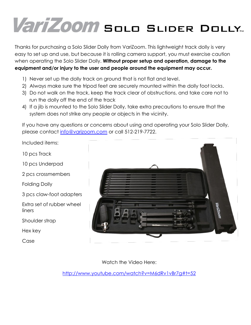 VariZoom SOLO SLIDER DOLLY KIT User Manual | 5 pages