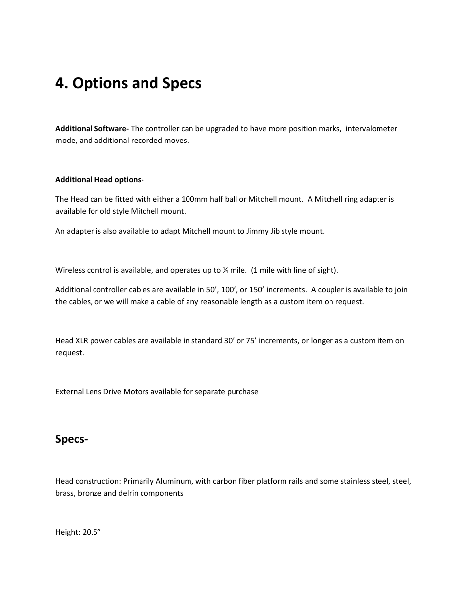 Options and specs, Specs | VariZoom VZCINEMAPRO-JR-K5 User Manual | Page 8 / 16