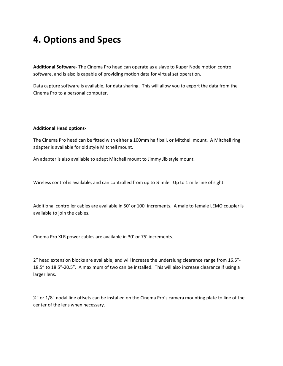 Options and specs | VariZoom VZCINEMAPRO-K5 User Manual | Page 8 / 17