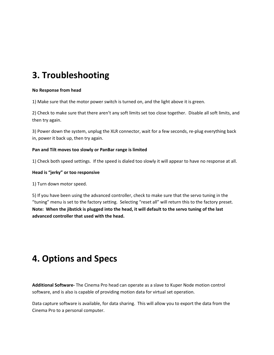 Troubleshooting, Options and specs | VariZoom VZCINEMAPRO-K4 User Manual | Page 9 / 19