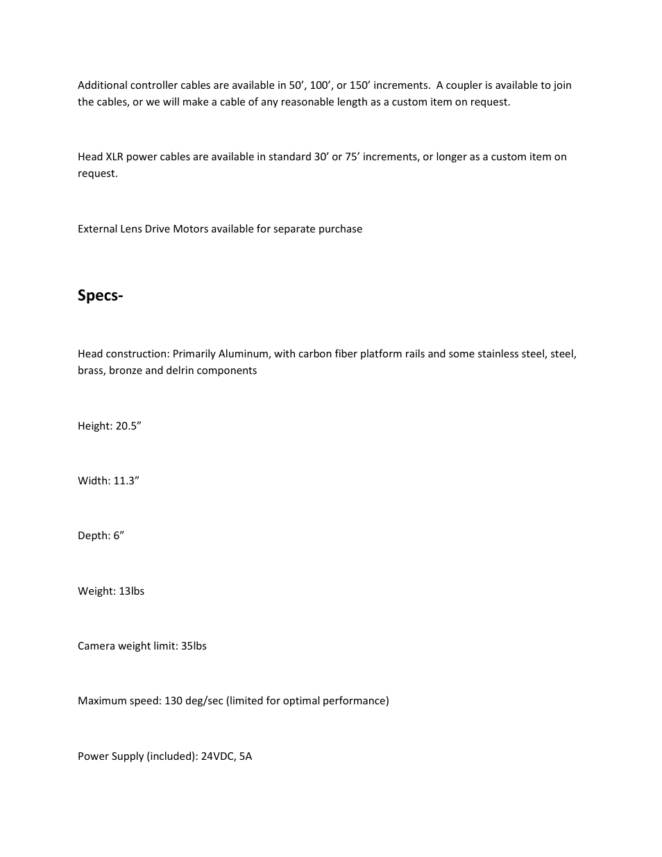 Specs | VariZoom VZCINEMAPRO-JR-K4 User Manual | Page 10 / 18