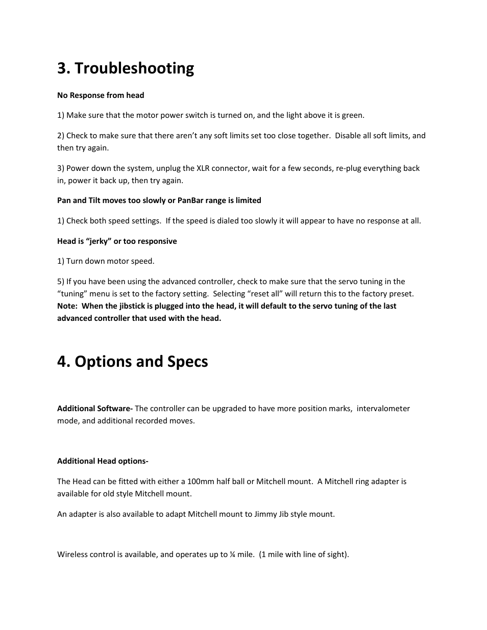 Troubleshooting, Options and specs | VariZoom VZCINEMAPRO-JR-K4 User Manual | Page 9 / 18