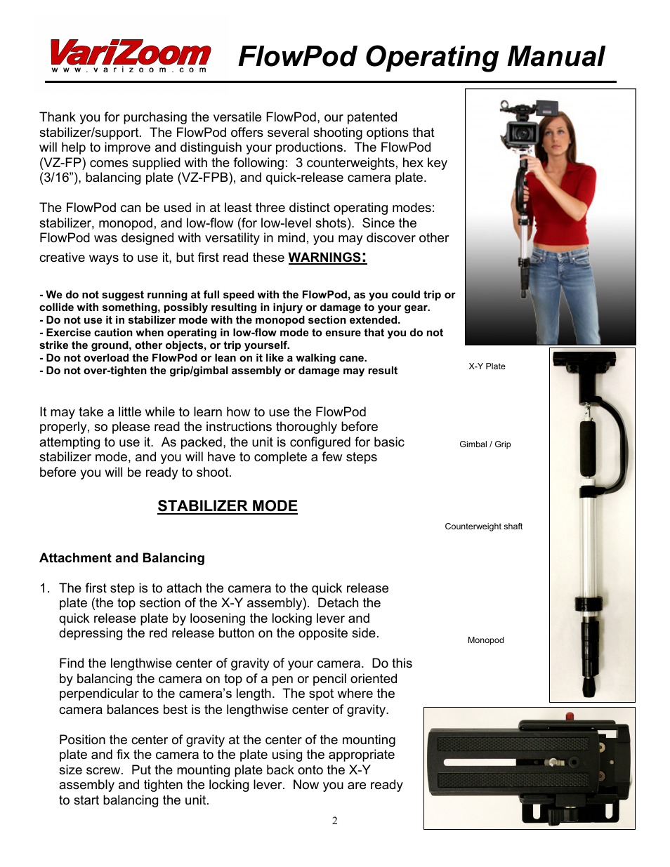 Flowpod operating manual, Stabilizer mode | VariZoom VZFP User Manual | Page 2 / 7