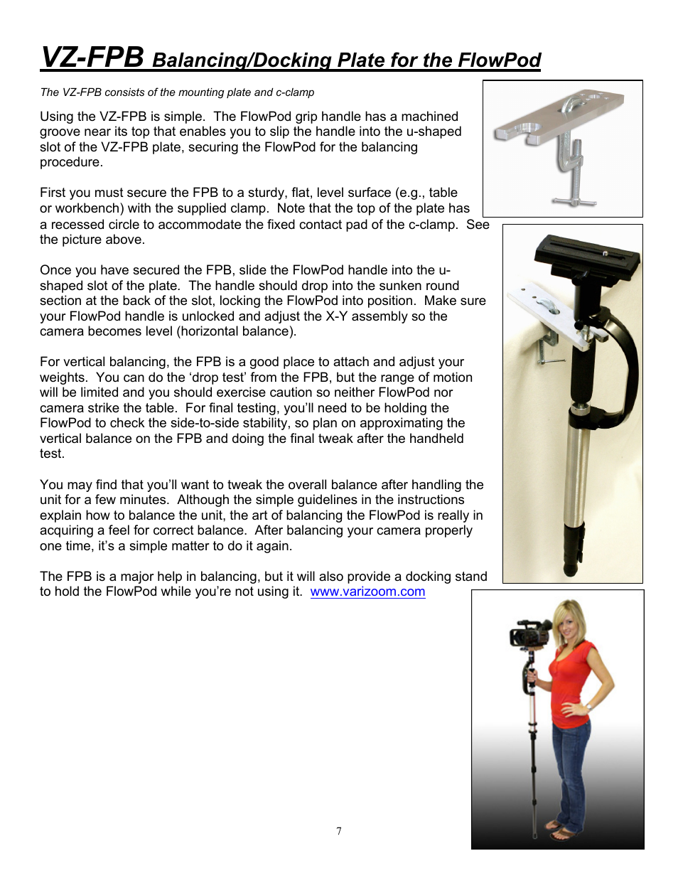 Vz-fpb, Balancing/docking plate for the flowpod | VariZoom VZFP User Manual | Page 7 / 7