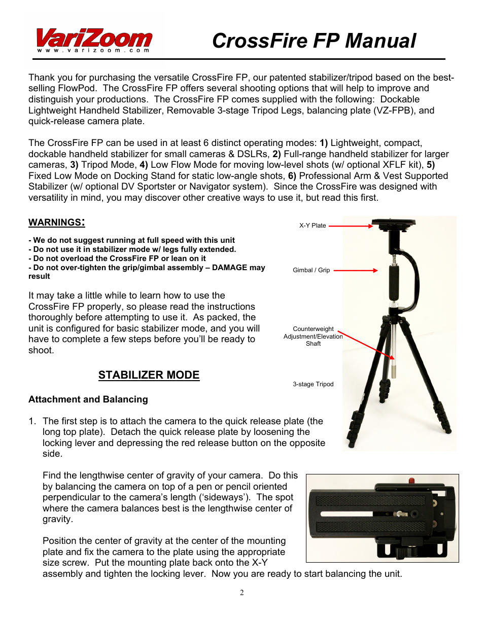 Crossfire fp manual, Stabilizer mode | VariZoom VZCROSSFIRE-FP User Manual | Page 2 / 8