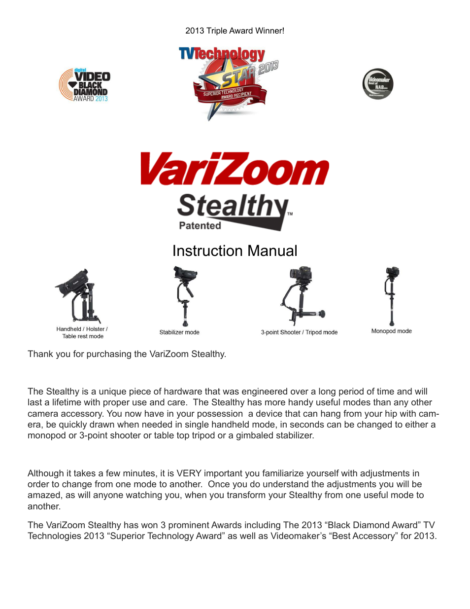 Instruction manual | VariZoom STEALTHYPRO User Manual | Page 3 / 11