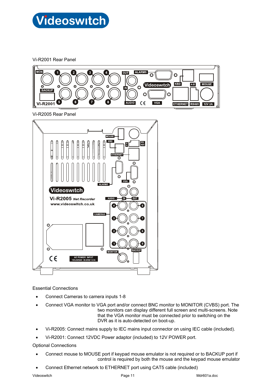 Connecting up, Vi-r2000 series | Videoswitch Vi-R2000 Series User Manual | Page 15 / 34