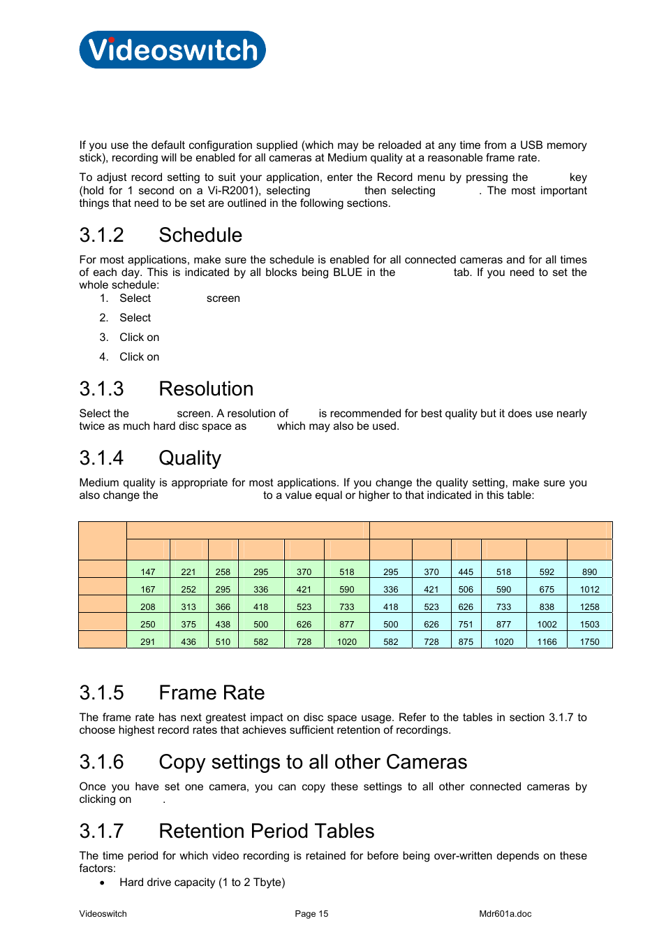Record settings, 2 schedule, 3 resolution | 4 quality, 5 frame rate, 6 copy settings to all other cameras, 7 retention period tables, Schedule, Resolution, Quality | Videoswitch Vi-R2000 Series User Manual | Page 19 / 34