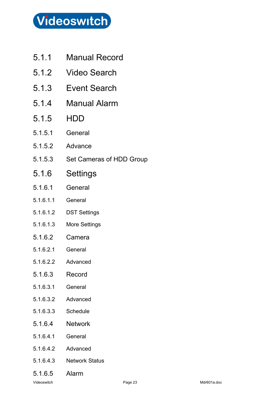 Menu, 1 manual record, 2 video search | 3 event search, 4 manual alarm, 5 hdd, 1 general, 2 advance, 3 set cameras of hdd group, 6 settings | Videoswitch Vi-R2000 Series User Manual | Page 27 / 34
