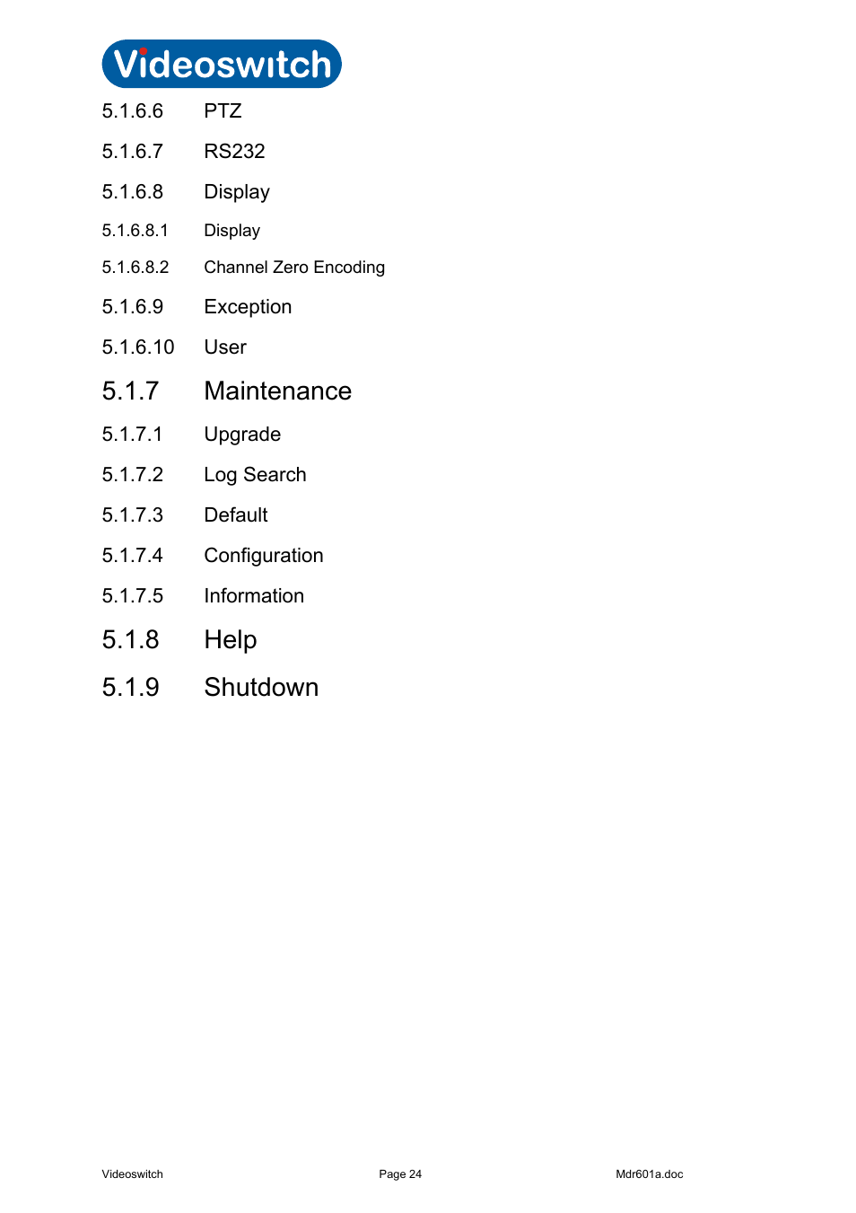 6 ptz, 7 rs232, 8 display | 1 display, 2 channel zero encoding, 9 exception, 10 user, 7 maintenance, 1 upgrade, 2 log search | Videoswitch Vi-R2000 Series User Manual | Page 28 / 34