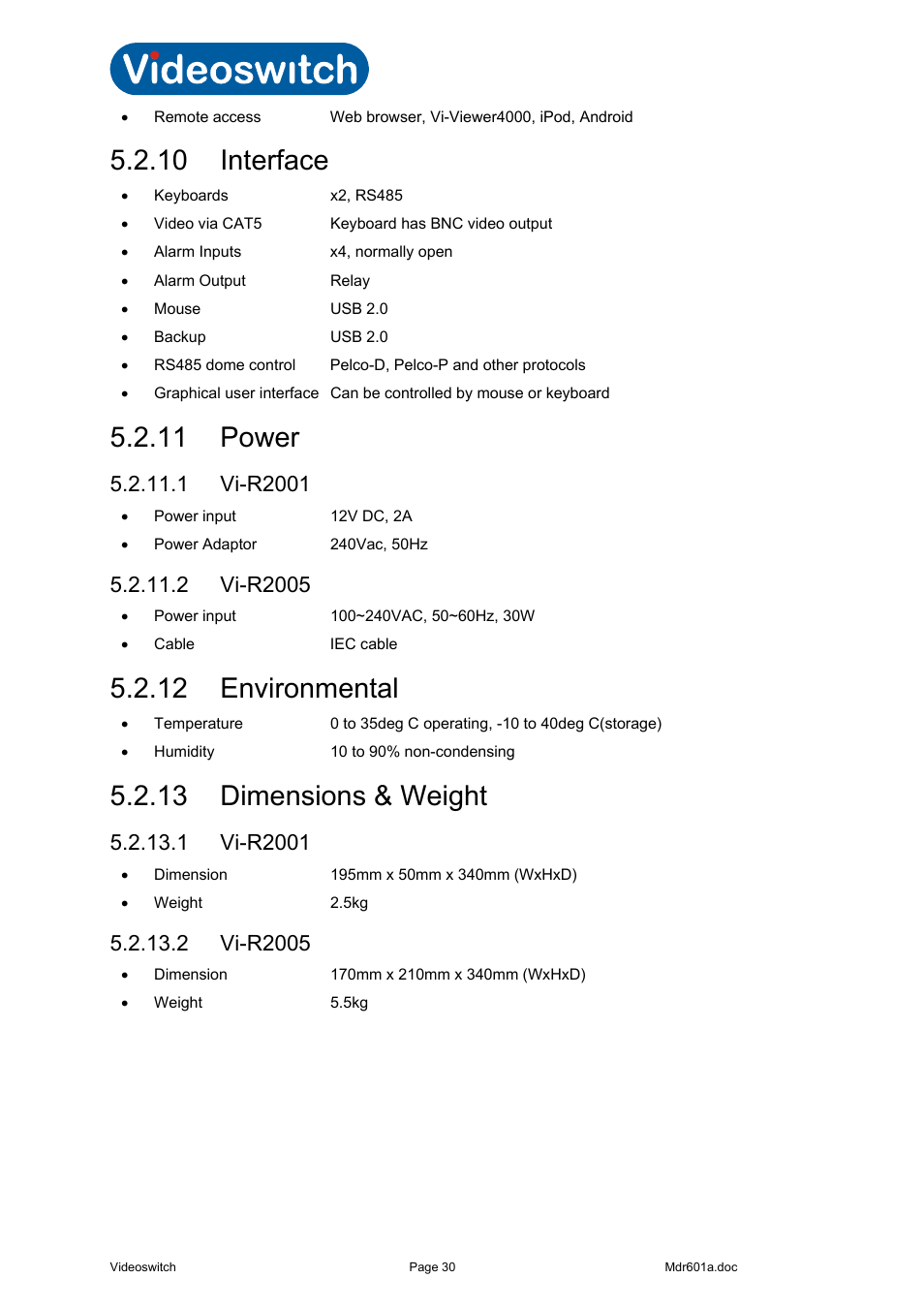 10 interface, 11 power, 1 vi-r2001 | 2 vi-r2005, 12 environmental, 13 dimensions & weight, Interface, Power, Environmental, Dimensions & weight | Videoswitch Vi-R2000 Series User Manual | Page 34 / 34