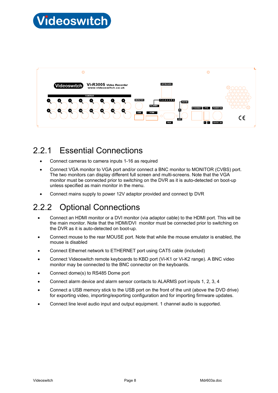 2 rear panel connections, 1 essential connections, 2 optional connections | Vi-r4000 series | Videoswitch Vi-R3000 Series User Manual | Page 13 / 48