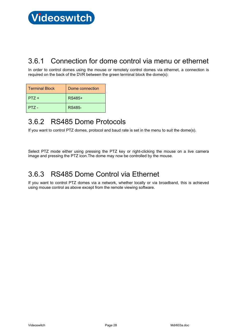 6 ptz control, 1 connection for dome control via menu or ethernet, 2 rs485 dome protocols | 3 rs485 dome control via ethernet, Vi-r4000 series | Videoswitch Vi-R3000 Series User Manual | Page 33 / 48