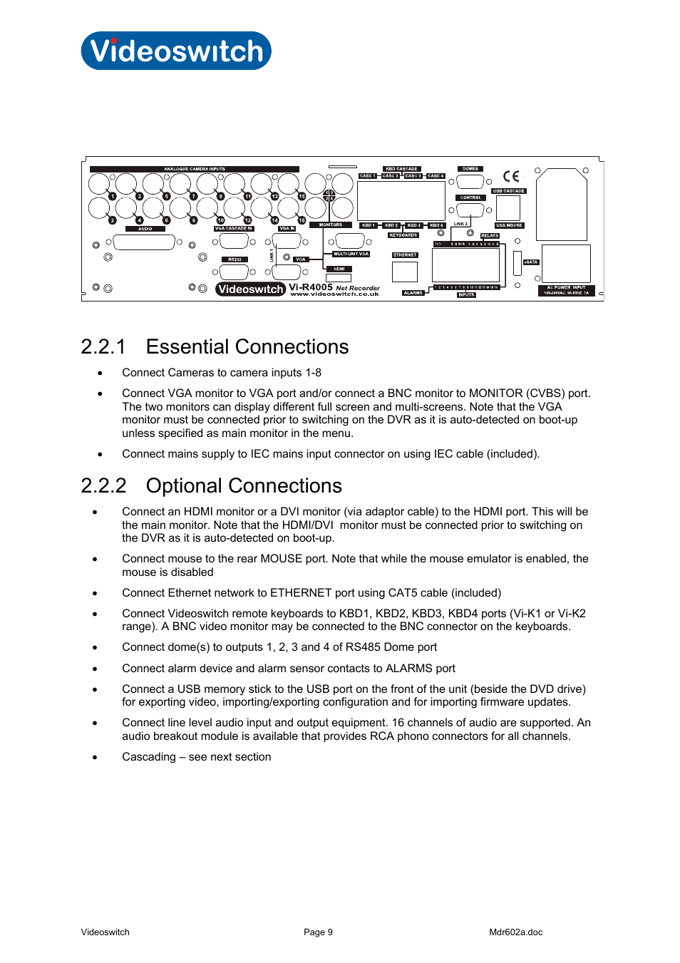 2 rear panel connections, 1 essential connections, 2 optional connections | Rear panel connections, Essential connections, Optional connections, Vi-r4000 series | Videoswitch Vi-R4000 Series User Manual | Page 15 / 67