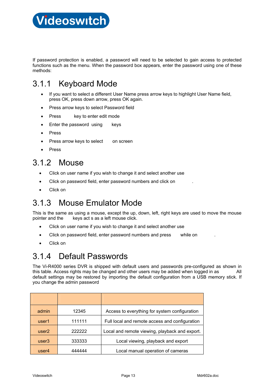 1 password access, 1 keyboard mode, 2 mouse | 3 mouse emulator mode, 4 default passwords, Password access, Keyboard mode, Mouse, Mouse emulator mode, Default passwords | Videoswitch Vi-R4000 Series User Manual | Page 19 / 67