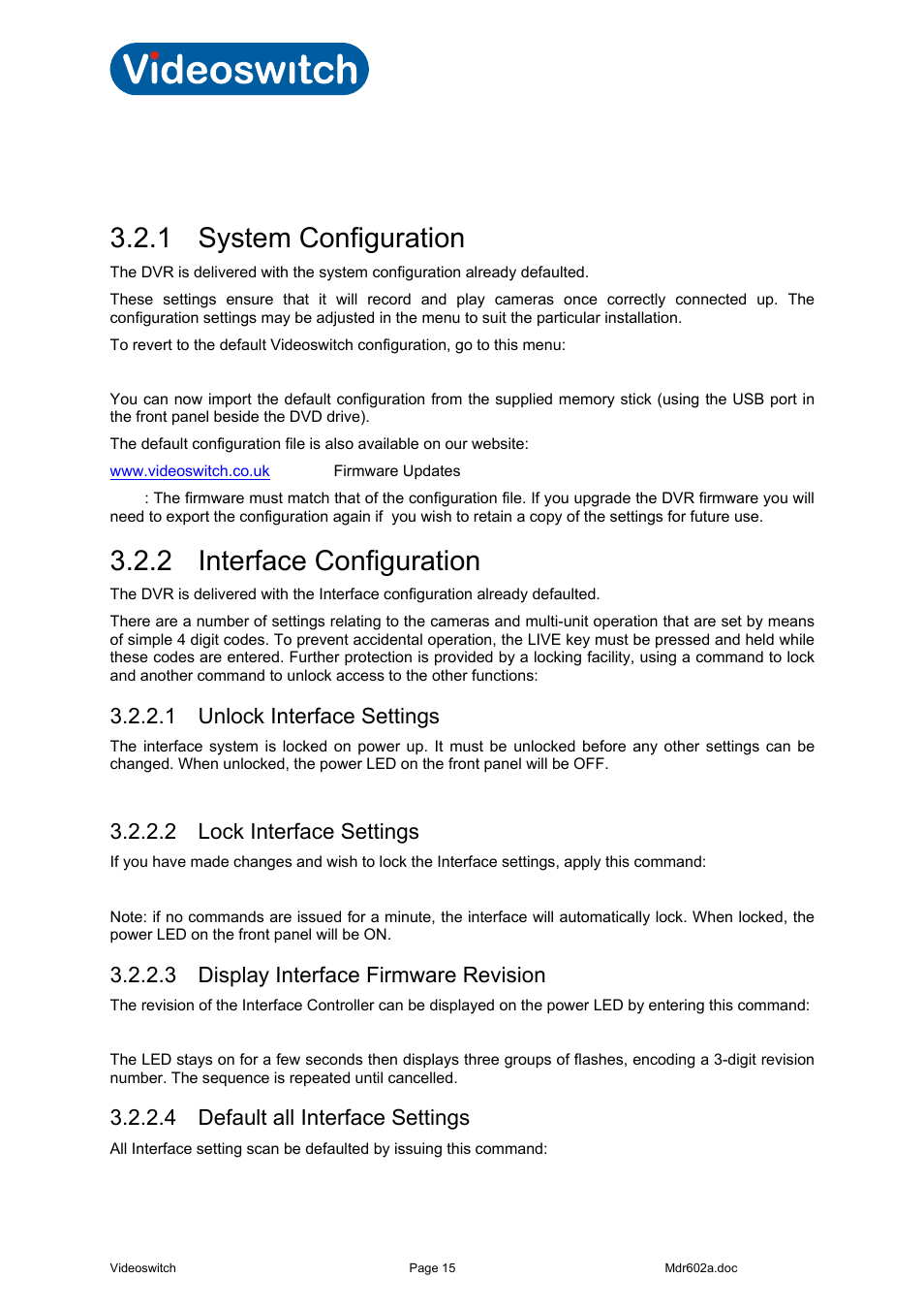 2 default configuration, 1 system configuration, 2 interface configuration | 1 unlock interface settings, 2 lock interface settings, 3 display interface firmware revision, 4 default all interface settings, Default configuration, System configuration, Interface configuration | Videoswitch Vi-R4000 Series User Manual | Page 21 / 67