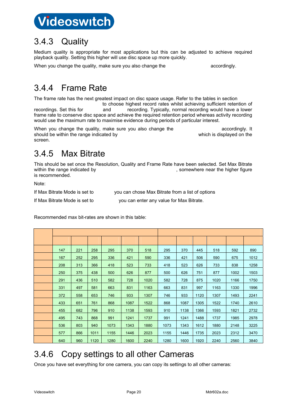 3 quality, 4 frame rate, 5 max bitrate | 6 copy settings to all other cameras, Quality, Frame rate, Max bitrate, Copy settings to all other cameras, Vi-r4000 series | Videoswitch Vi-R4000 Series User Manual | Page 26 / 67