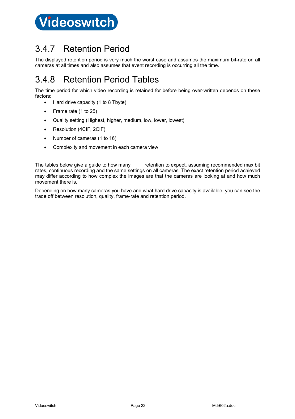 7 retention period, 8 retention period tables, Retention period | Retention period tables | Videoswitch Vi-R4000 Series User Manual | Page 28 / 67