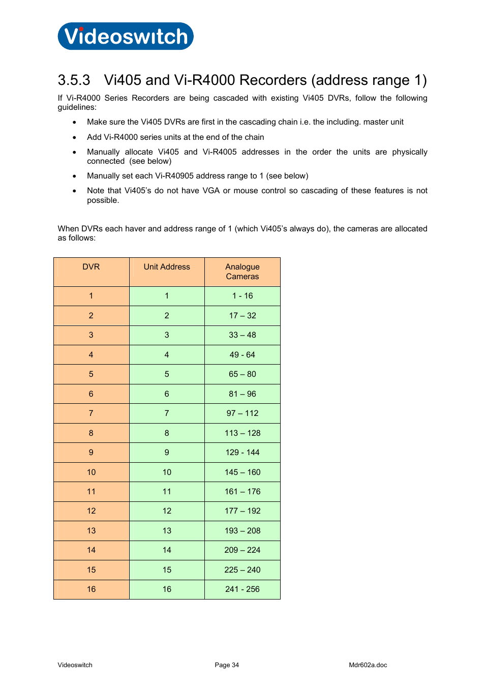 3 vi405 and vi-r4000 recorders (address range 1), Vi-r4000 series | Videoswitch Vi-R4000 Series User Manual | Page 40 / 67