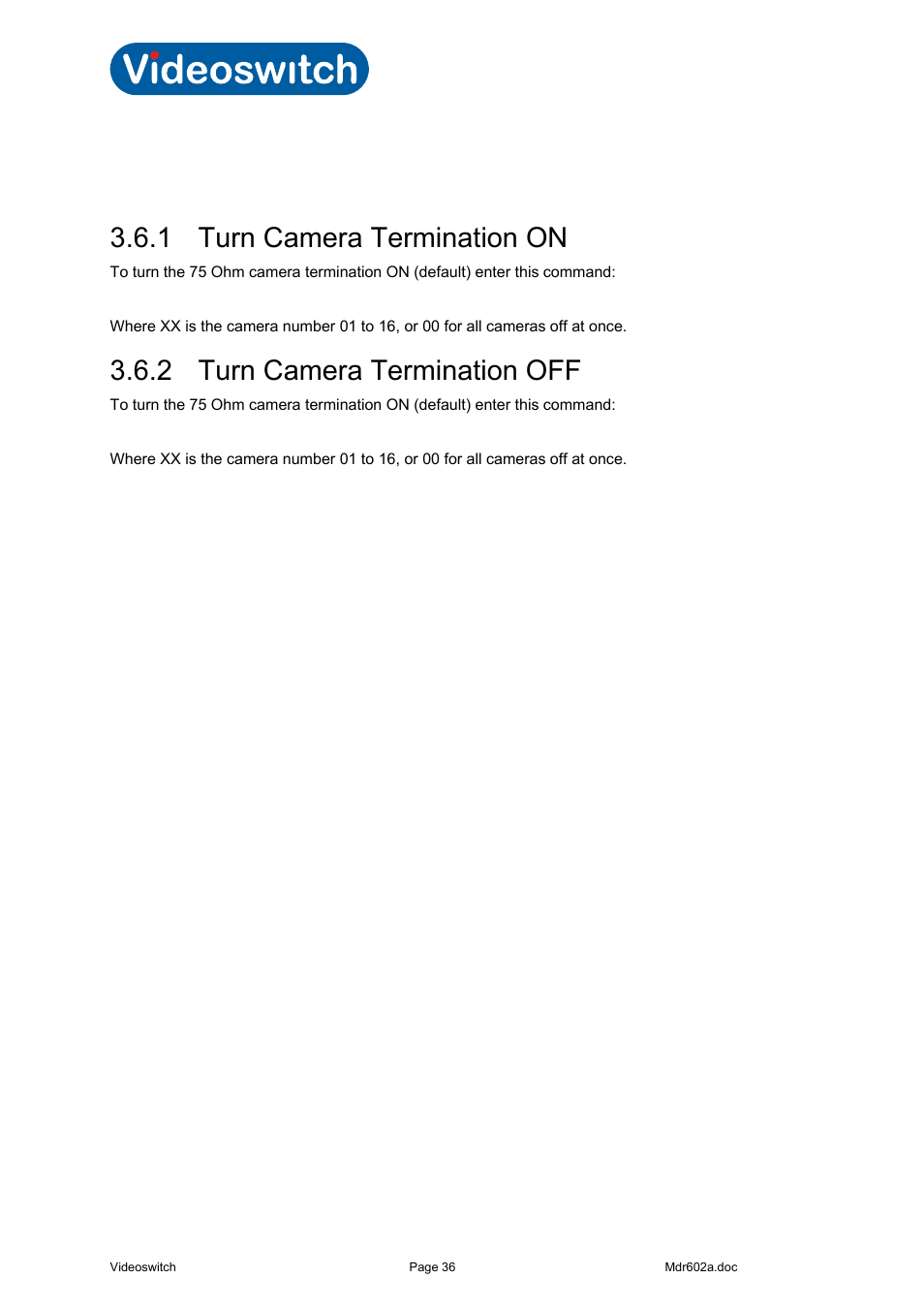 6 termination, 1 turn camera termination on, 2 turn camera termination off | Videoswitch Vi-R4000 Series User Manual | Page 42 / 67