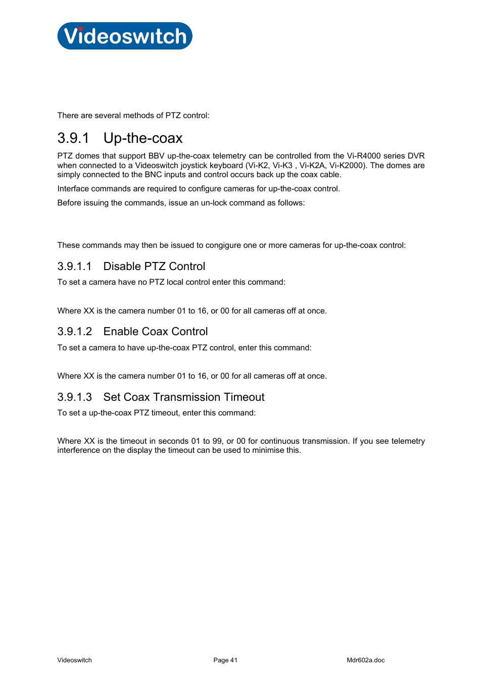 9 ptz control, 1 up-the-coax, 1 disable ptz control | 2 enable coax control, 3 set coax transmission timeout, Vi-r4000 series | Videoswitch Vi-R4000 Series User Manual | Page 47 / 67