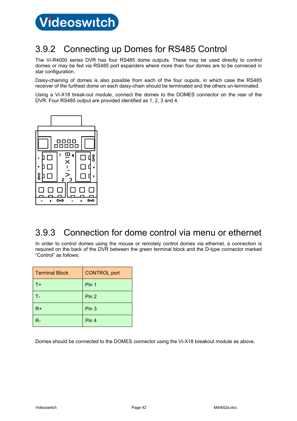 2 connecting up domes for rs485 control, 3 connection for dome control via menu or ethernet, Vi-r4000 series | Videoswitch Vi-R4000 Series User Manual | Page 48 / 67