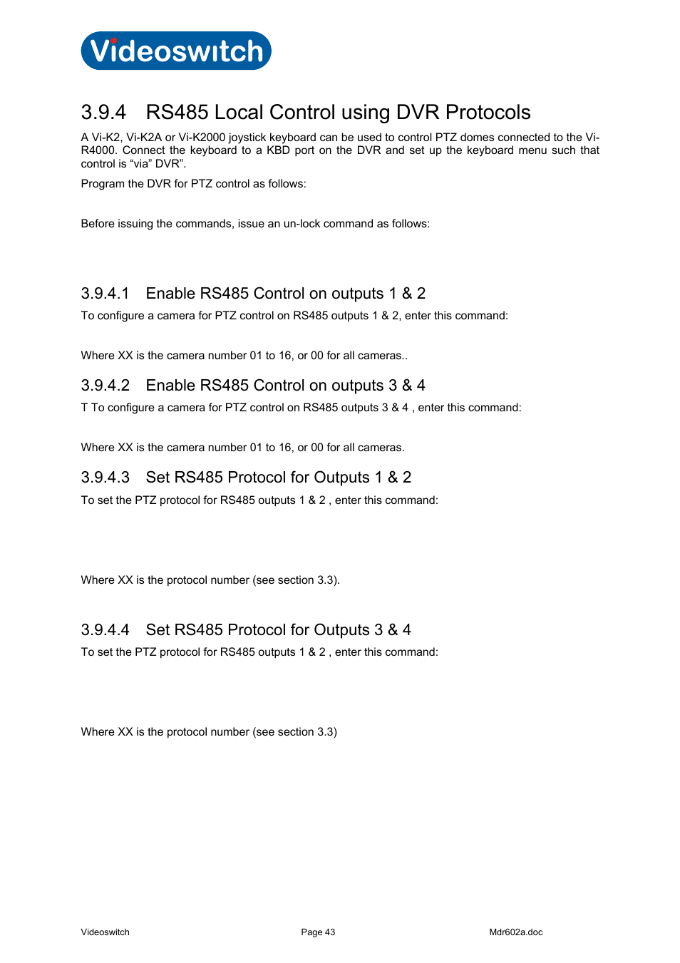 4 rs485 local control using dvr protocols, 1 enable rs485 control on outputs 1 & 2, 2 enable rs485 control on outputs 3 & 4 | 3 set rs485 protocol for outputs 1 & 2, 4 set rs485 protocol for outputs 3 & 4, Vi-r4000 series | Videoswitch Vi-R4000 Series User Manual | Page 49 / 67