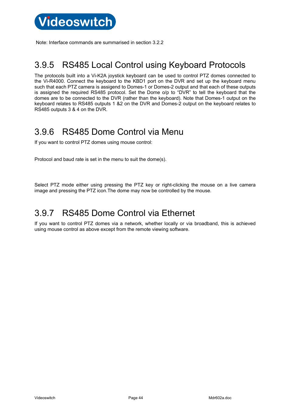 5 rs485 local control using keyboard protocols, 6 rs485 dome control via menu, 7 rs485 dome control via ethernet | Vi-r4000 series | Videoswitch Vi-R4000 Series User Manual | Page 50 / 67