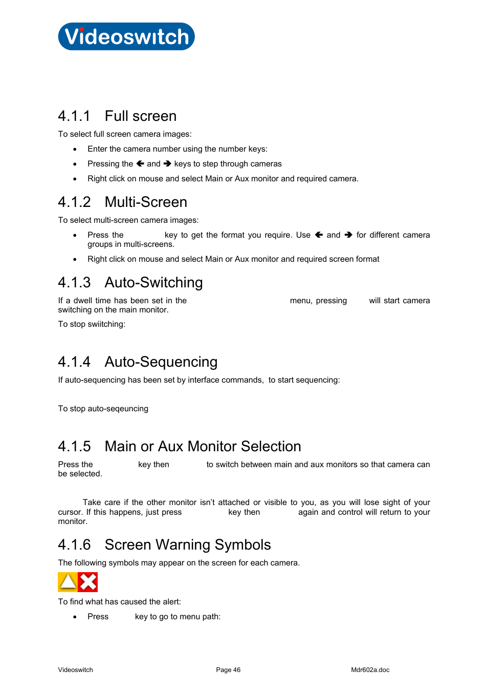 1 live viewing, 1 full screen, 2 multi-screen | 3 auto-switching, 4 auto-sequencing, 5 main or aux monitor selection, 6 screen warning symbols, Vi-r4000 series | Videoswitch Vi-R4000 Series User Manual | Page 52 / 67