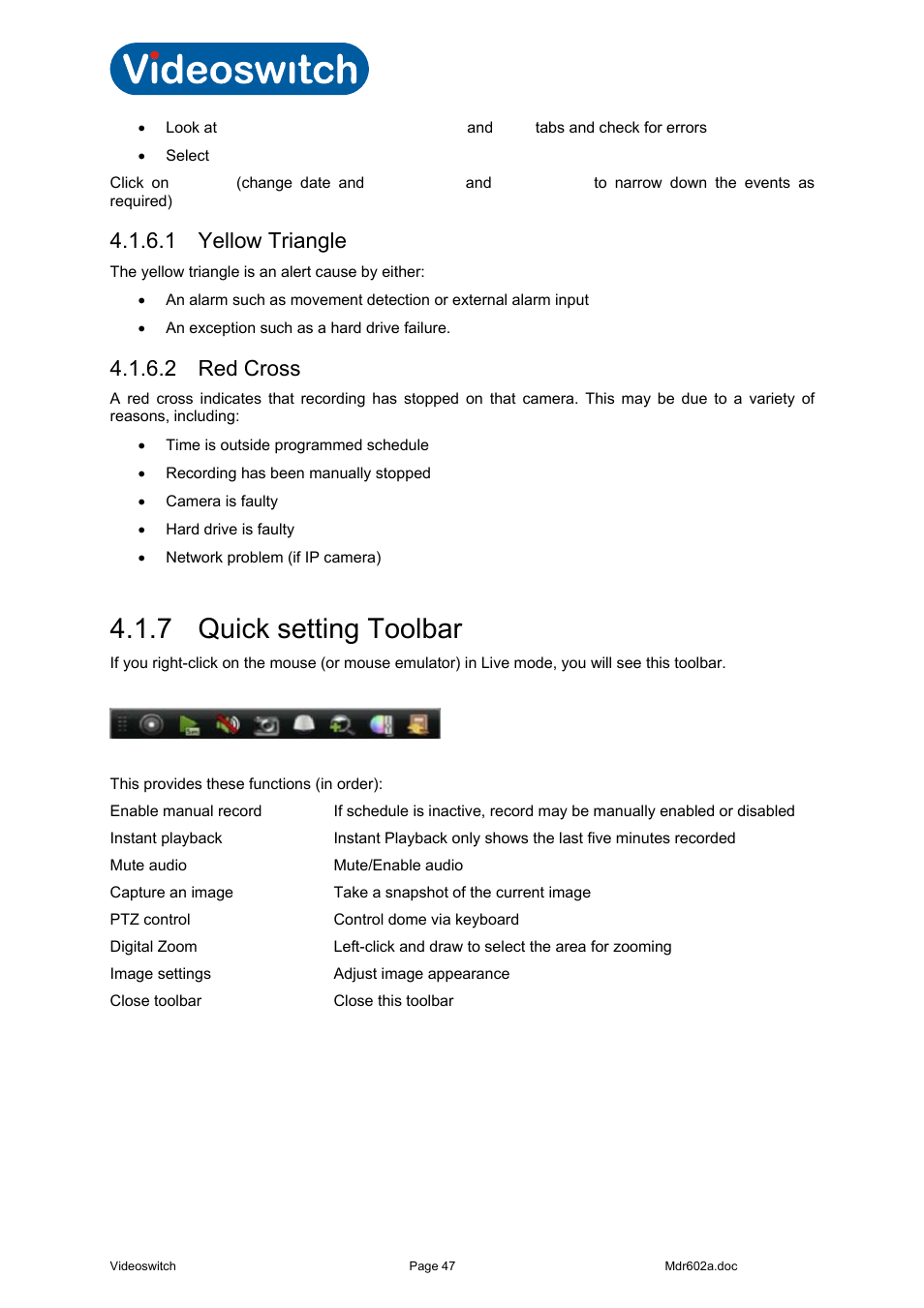 1 yellow triangle, 2 red cross, 7 quick setting toolbar | Vi-r4000 series | Videoswitch Vi-R4000 Series User Manual | Page 53 / 67