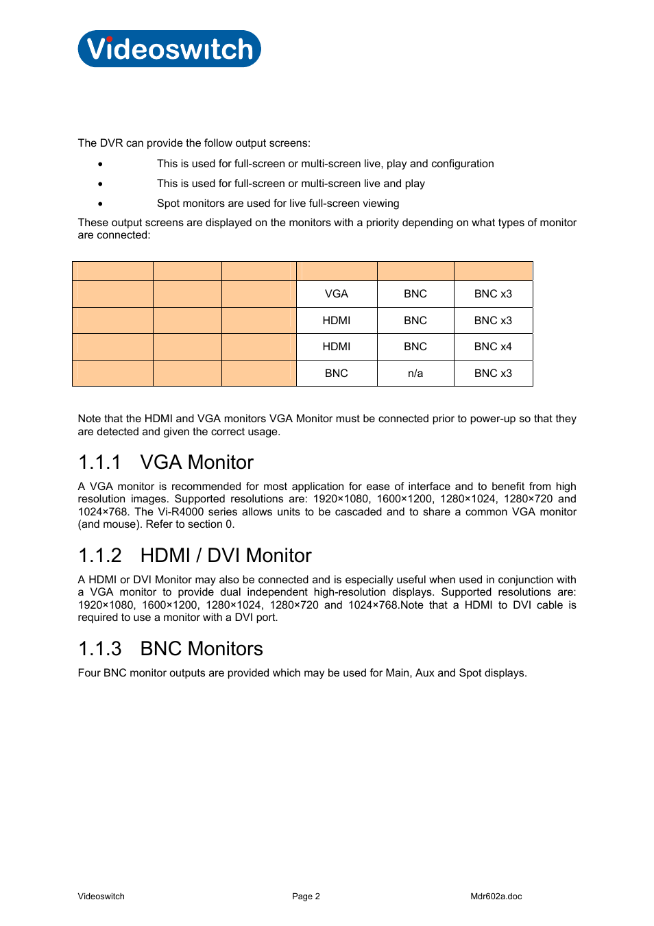 1 monitors, 1 vga monitor, 2 hdmi / dvi monitor | 3 bnc monitors, Monitors, Vga monitor, Hdmi / dvi monitor, Bnc monitors, Vi-r4000 series | Videoswitch Vi-R4000 Series User Manual | Page 8 / 67