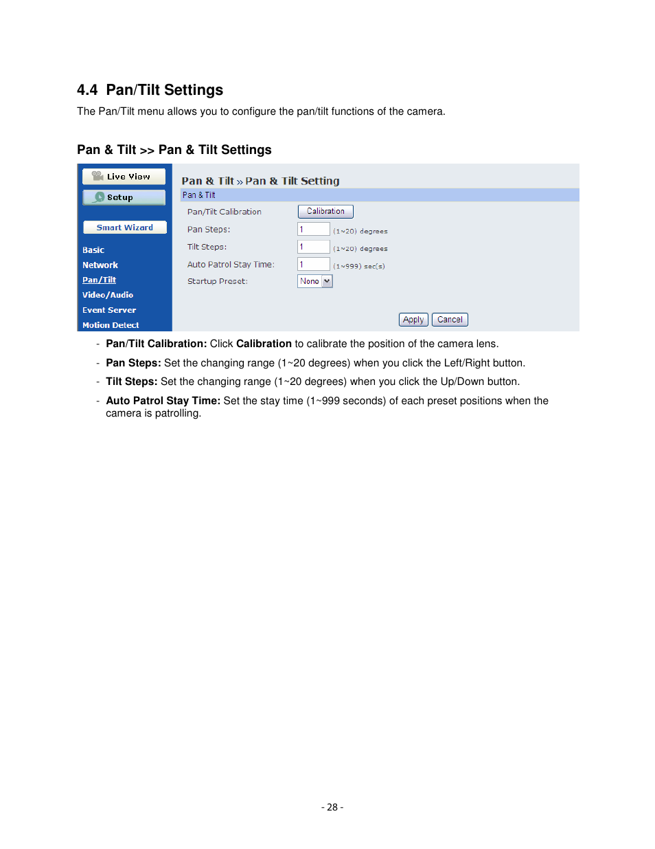 4 pan/tilt settings | Airlink101 AICN1747W User Manual | Page 29 / 74