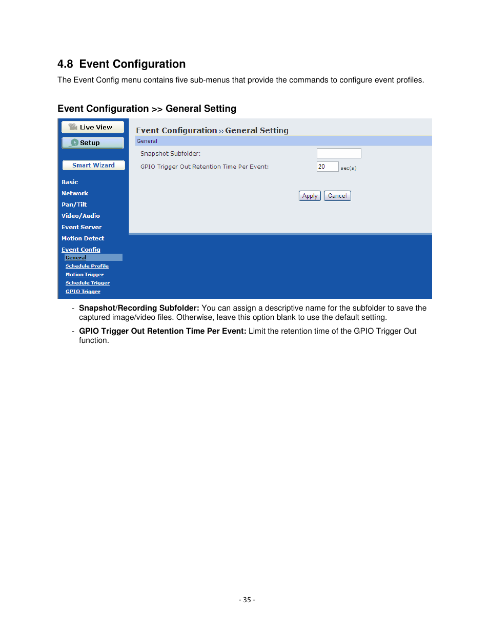 8 event configuration | Airlink101 AICN1747W User Manual | Page 36 / 74