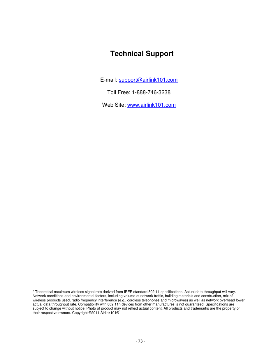 1 2 technical support | Airlink101 AICN1747W User Manual | Page 74 / 74
