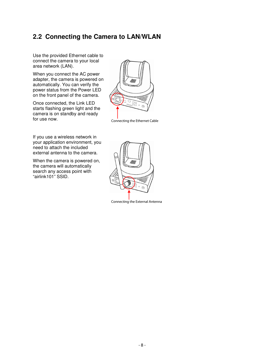 2 connecting the camera to lan/wlan | Airlink101 AICN1747W User Manual | Page 9 / 74