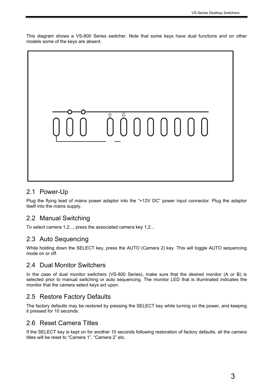 32 operation, Videoswitch, 1 power-up | 2 manual switching, 3 auto sequencing, 4 dual monitor switchers, 5 restore factory defaults, 6 reset camera titles | Videoswitch VS-200 User Manual | Page 4 / 7
