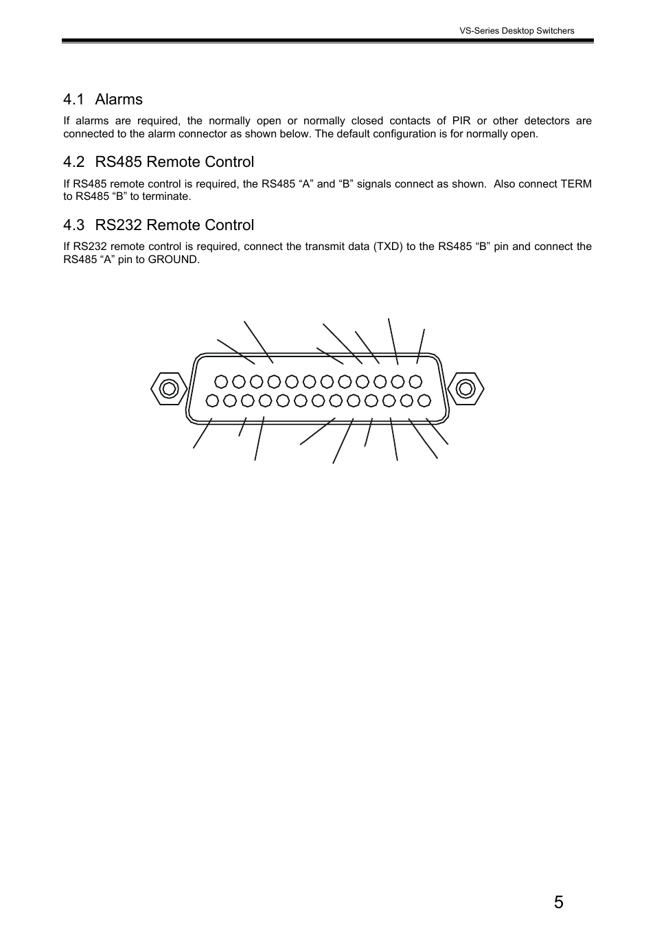 54 alarms & remote control, Videoswitch, 1 alarms | 2 rs485 remote control, 3 rs232 remote control | Videoswitch VS-200 User Manual | Page 6 / 7