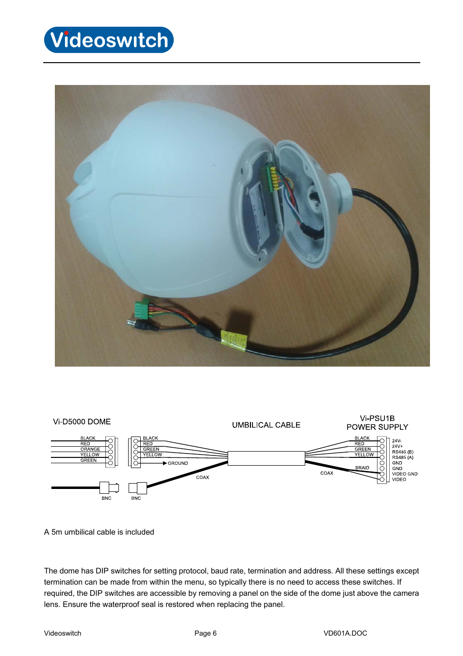 Connection details, Dip switch settings, Vi-d5000 ir dome | Videoswitch CMOR Vi-D5000 Dome User Manual | Page 11 / 39