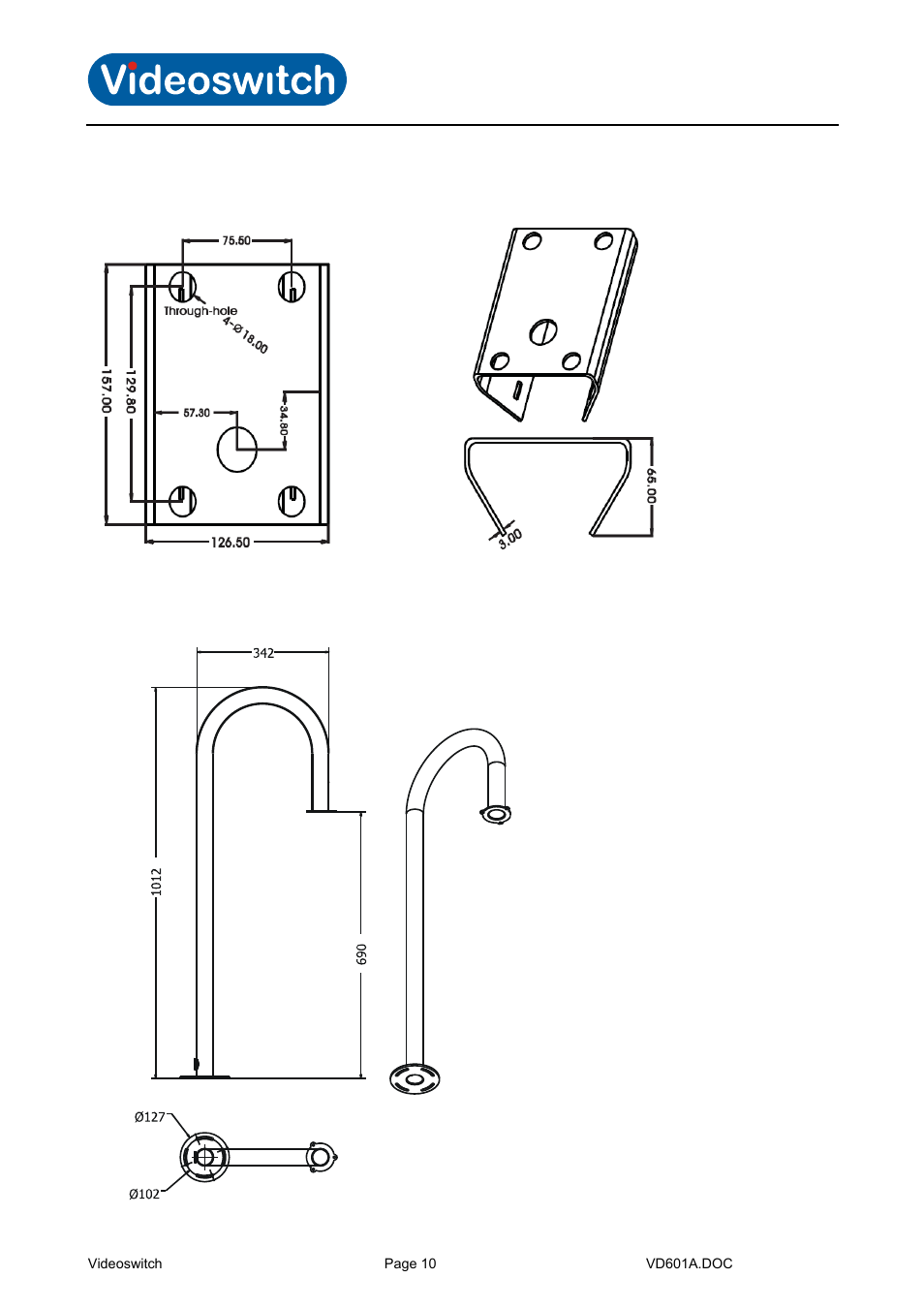 Vi-b14 pole adaptor bracket, Vi-b12 swan-neck bracket, Vi-d5000 ir dome | Videoswitch CMOR Vi-D5000 Dome User Manual | Page 15 / 39