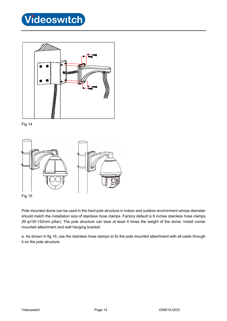 Vi-b14 pole mount adaptor, Vi-d5000 ir dome | Videoswitch CMOR Vi-D5000 Dome User Manual | Page 19 / 39