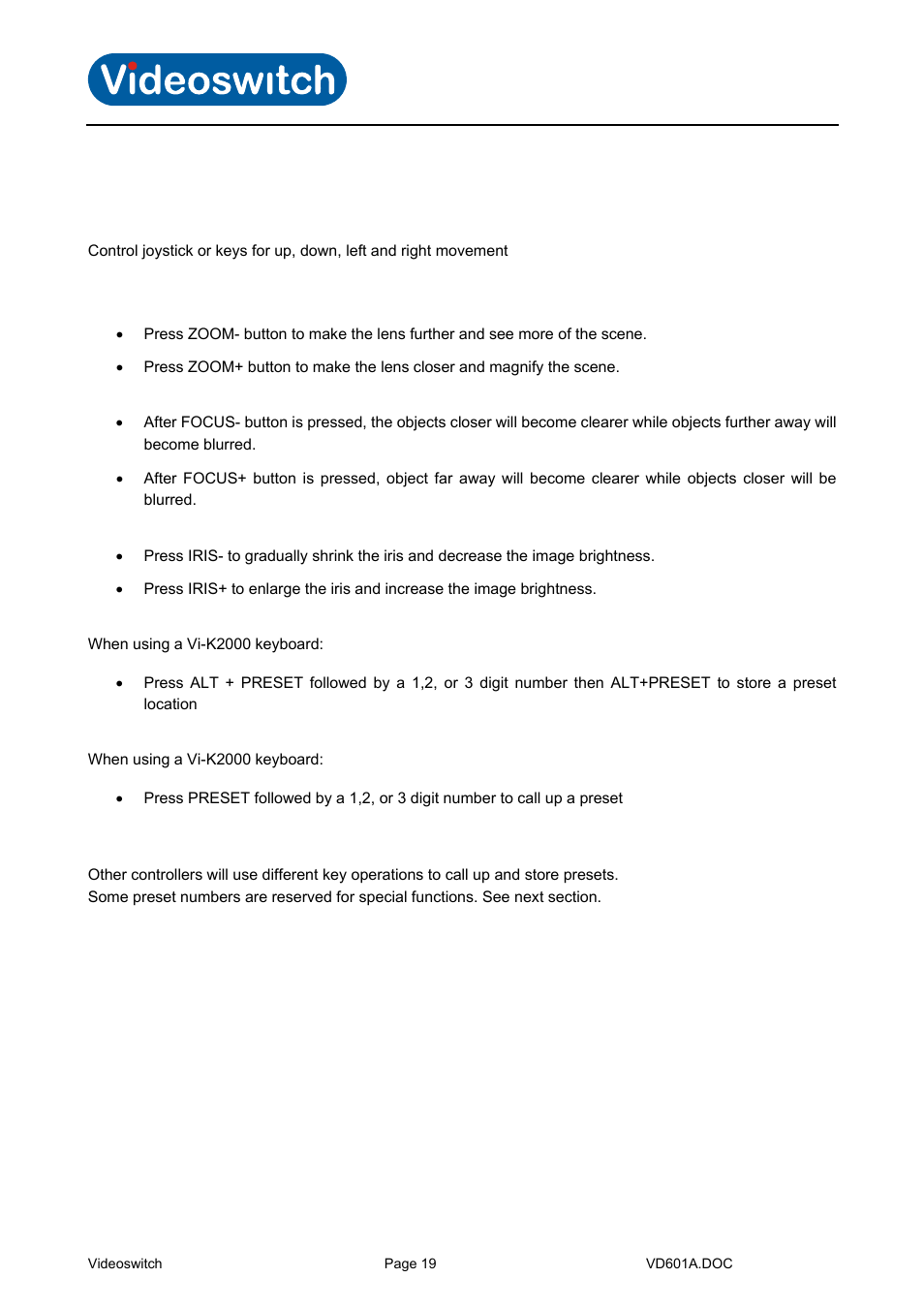 Basic function, Vi-d5000 ir dome | Videoswitch CMOR Vi-D5000 Dome User Manual | Page 24 / 39