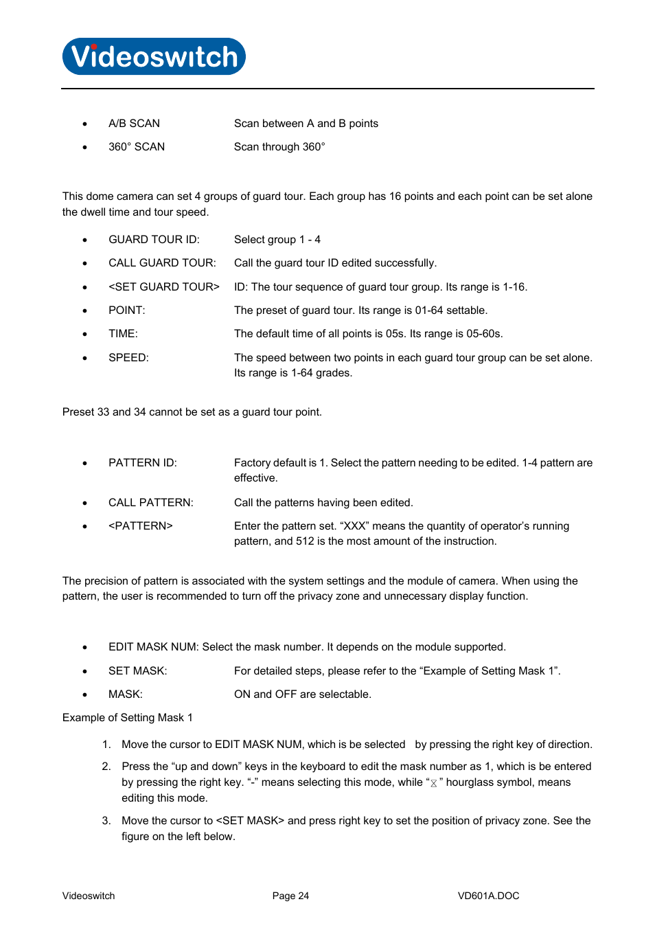 Guard tour, Pattern, Privacy zone | Vi-d5000 ir dome | Videoswitch CMOR Vi-D5000 Dome User Manual | Page 29 / 39
