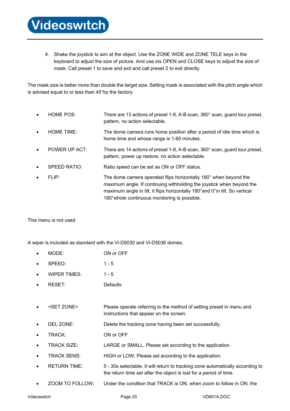 Other, Alarm, Wiper | Track (some models only), Vi-d5000 ir dome | Videoswitch CMOR Vi-D5000 Dome User Manual | Page 30 / 39