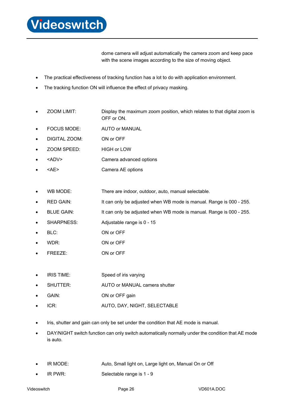 Camera, Camera advanced (some models only), Camera ae (some models only) | Ir set, Vi-d5000 ir dome | Videoswitch CMOR Vi-D5000 Dome User Manual | Page 31 / 39