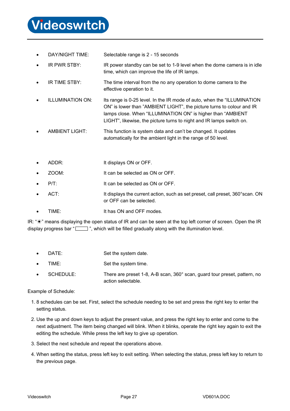 Display, Time, Vi-d5000 ir dome | Videoswitch CMOR Vi-D5000 Dome User Manual | Page 32 / 39