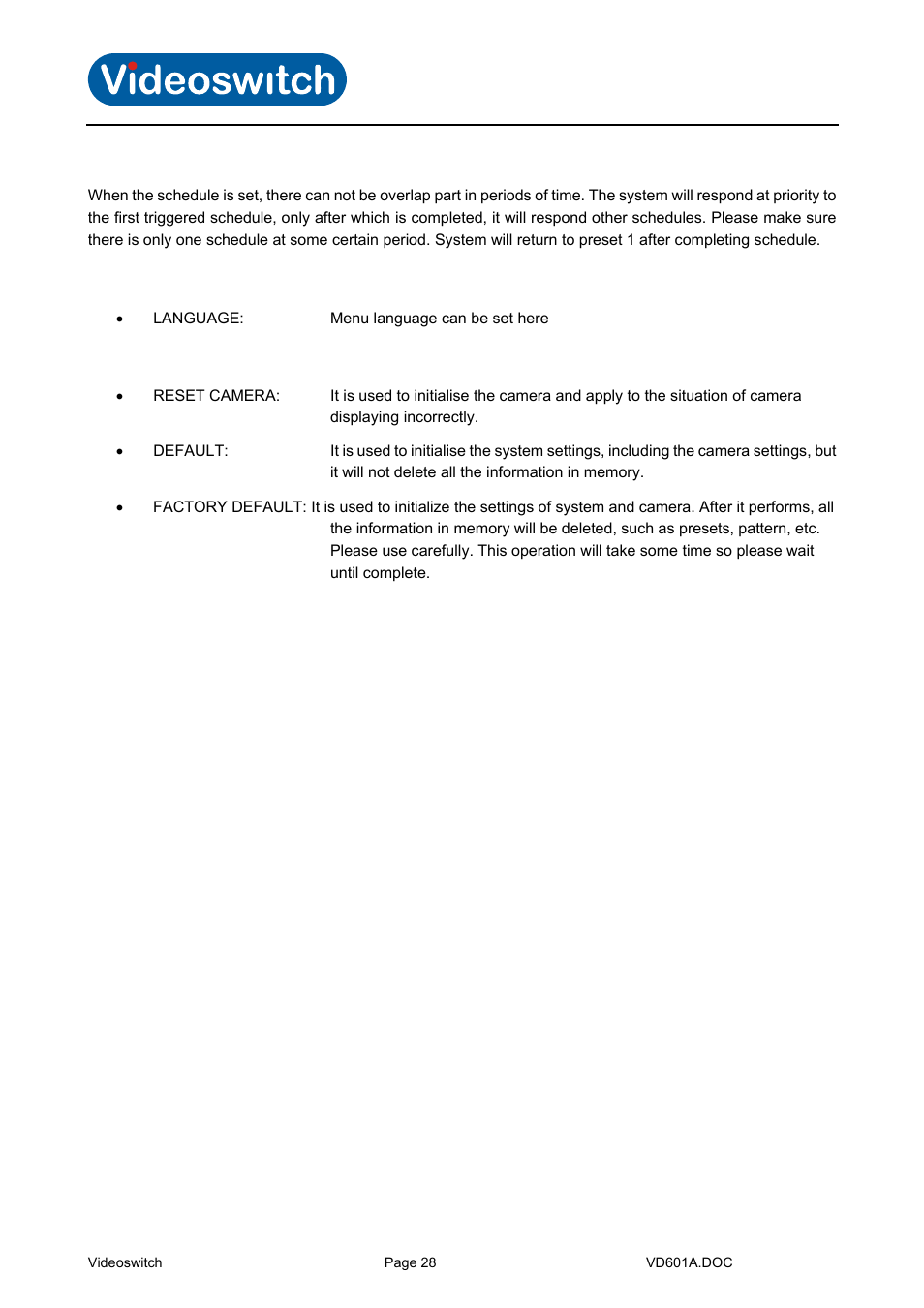 Language, Reset, Vi-d5000 ir dome | Videoswitch CMOR Vi-D5000 Dome User Manual | Page 33 / 39
