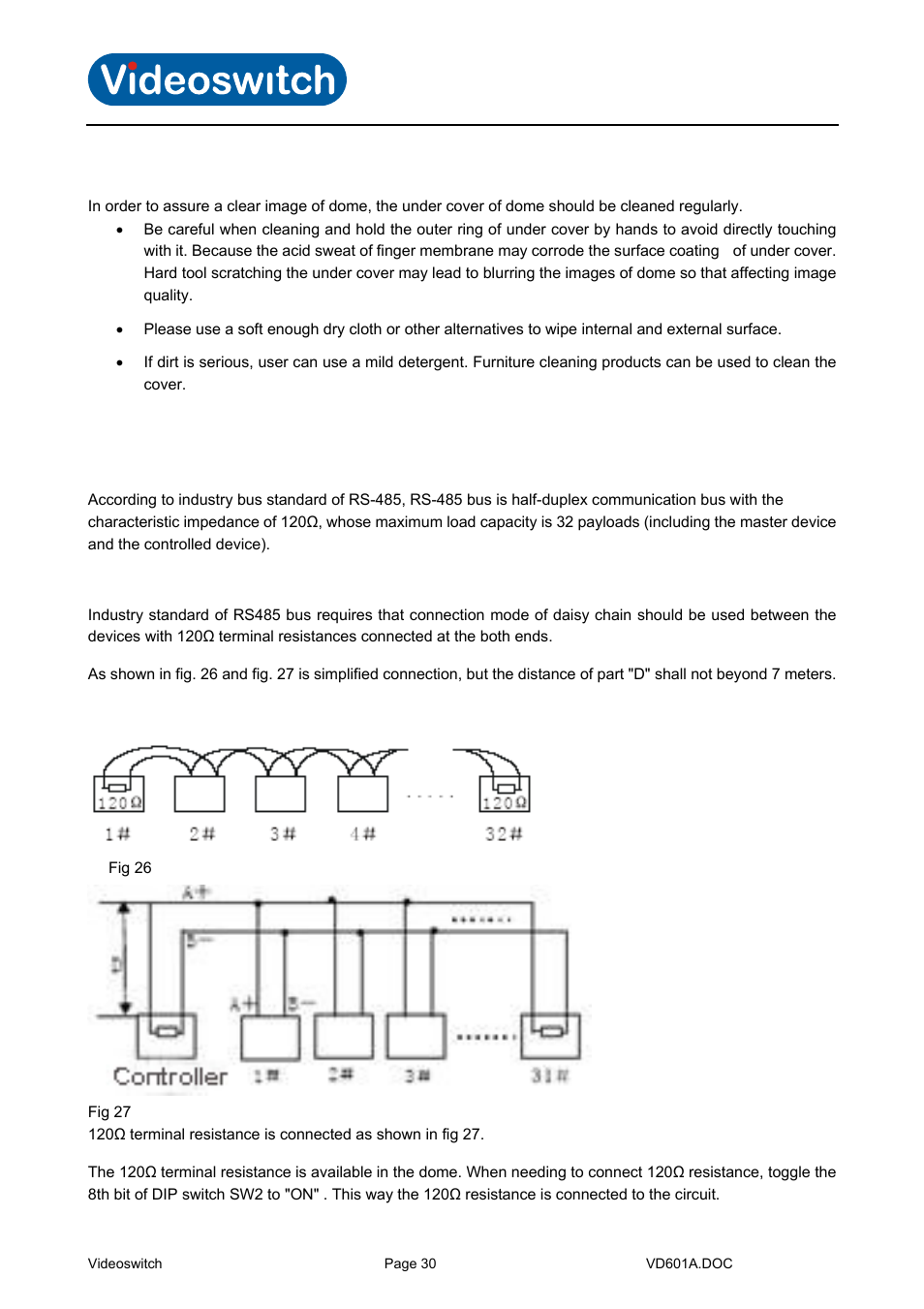 Clean camera window, Rs485 bus, Basic feature of rs485bus | Mode of connection and terminal resistance, Vi-d5000 ir dome | Videoswitch CMOR Vi-D5000 Dome User Manual | Page 35 / 39
