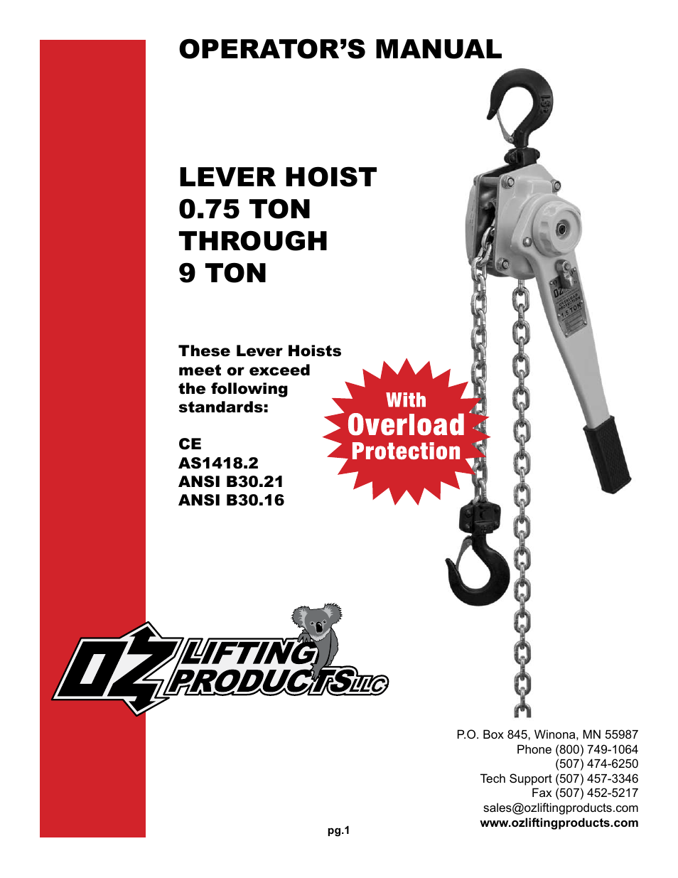 OZ Lifting Products Premium Lever Hoist OM User Manual | 20 pages