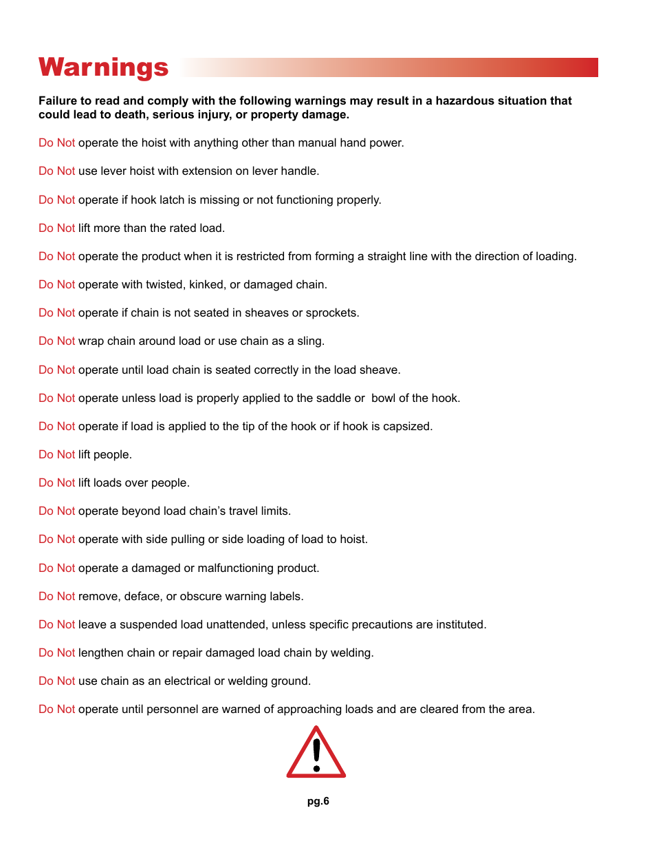 Warnings | OZ Lifting Products Premium Lever Hoist OM User Manual | Page 6 / 20