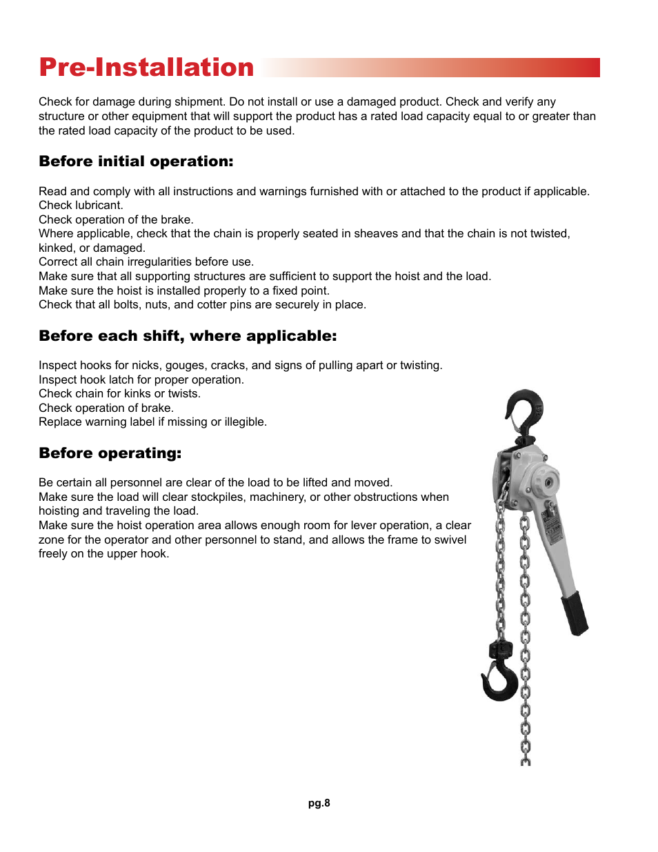 Pre-installation | OZ Lifting Products Premium Lever Hoist OM User Manual | Page 8 / 20